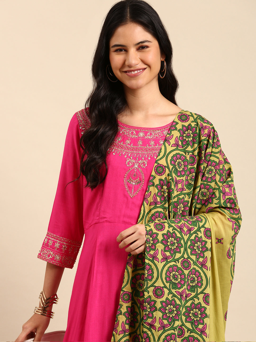 Women Solid Pink A-Line Kurta Set with Dupatta