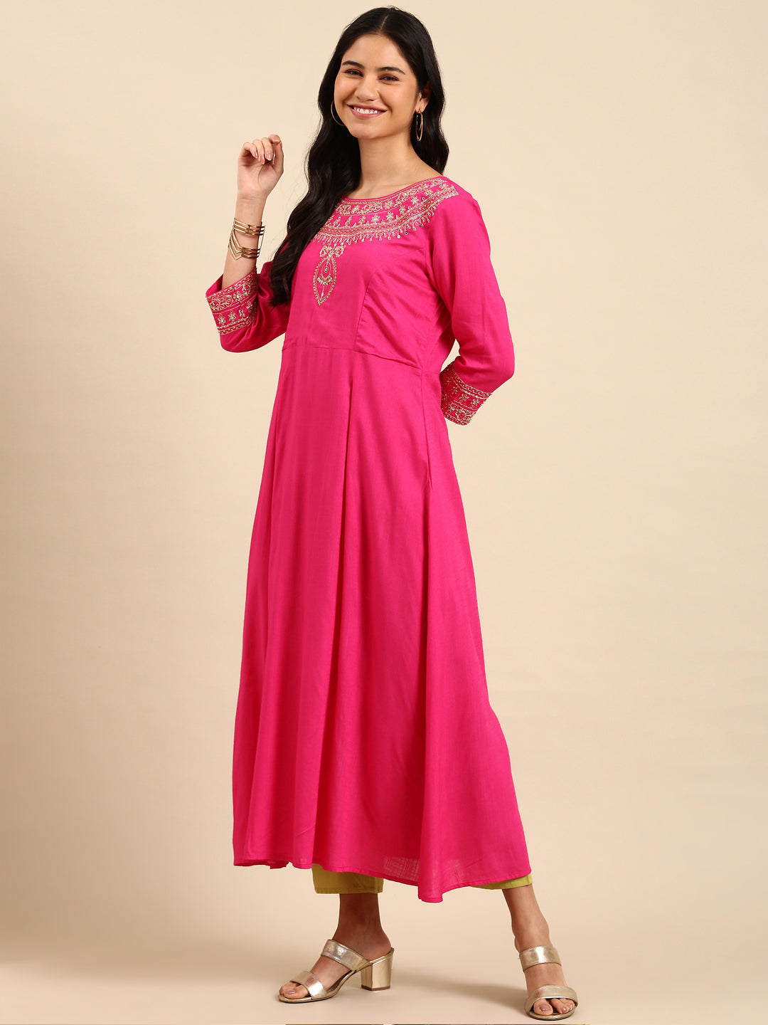 Women Solid Pink A-Line Kurta Set with Dupatta