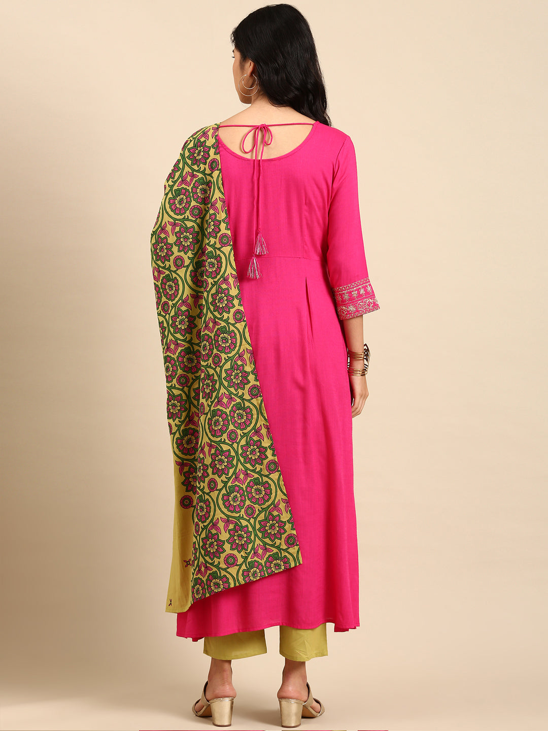 Women Solid Pink A-Line Kurta Set with Dupatta