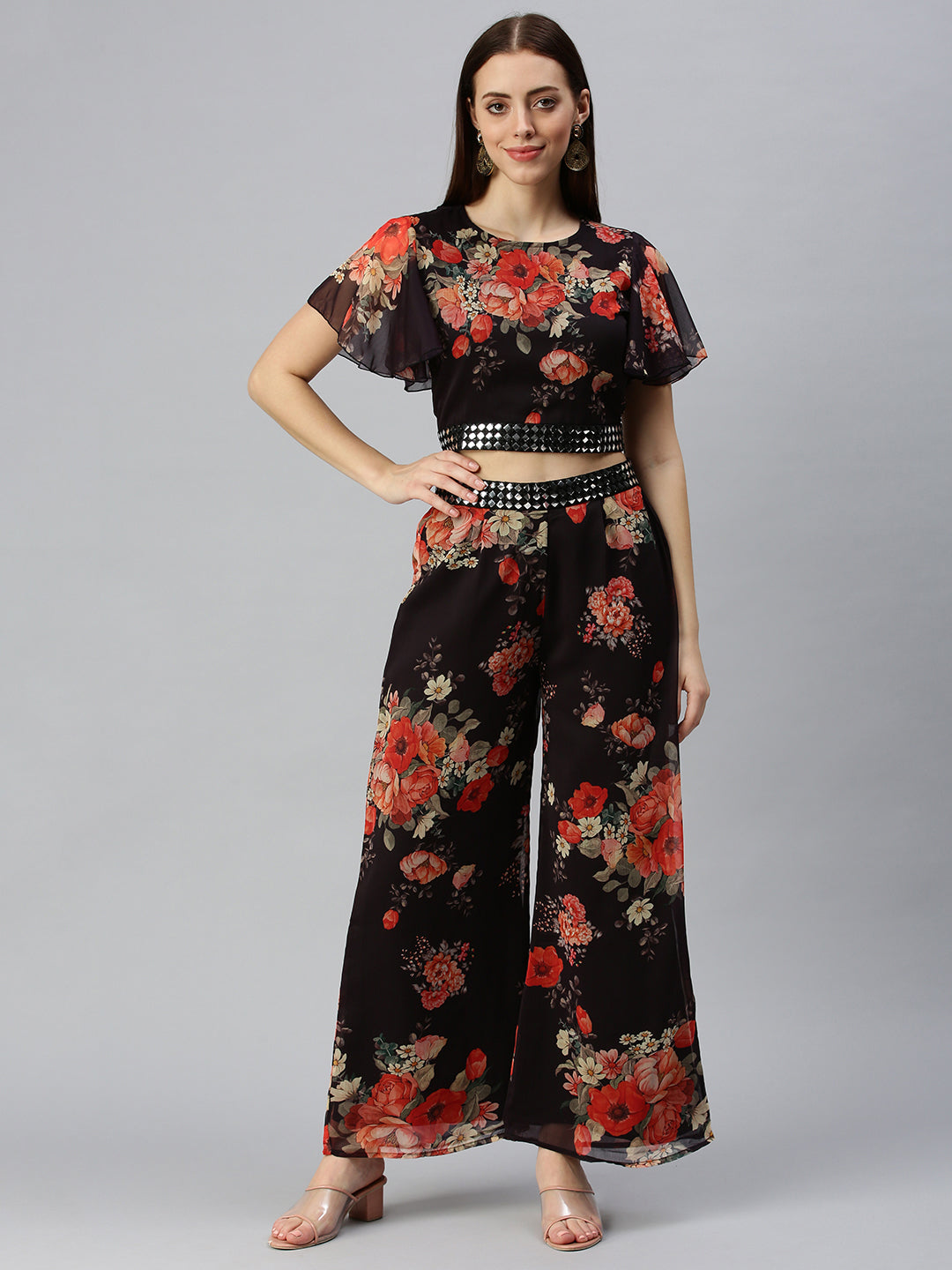 Women Straight Black Printed Top and Palazzos