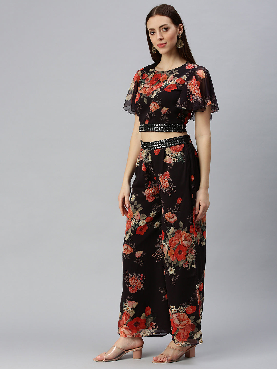 Women Straight Black Printed Top and Palazzos