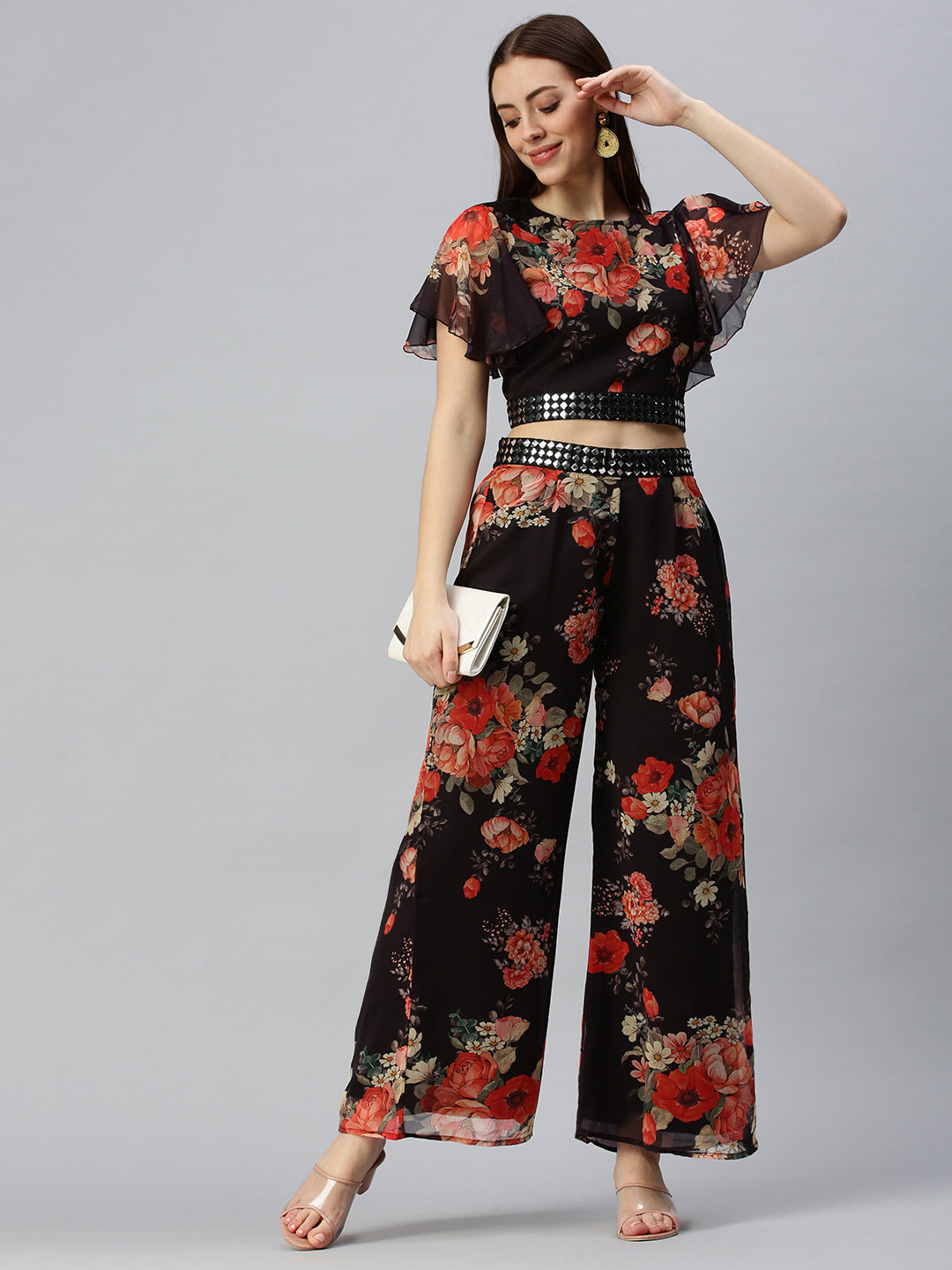 Women Straight Black Printed Top and Palazzos