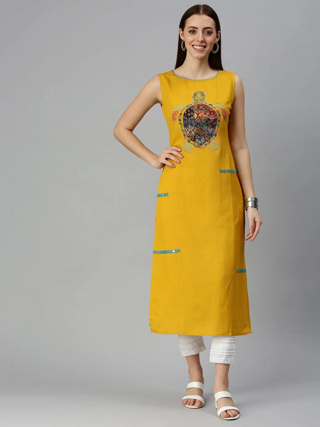 Women's Yoke Design Yellow Straight Kurta