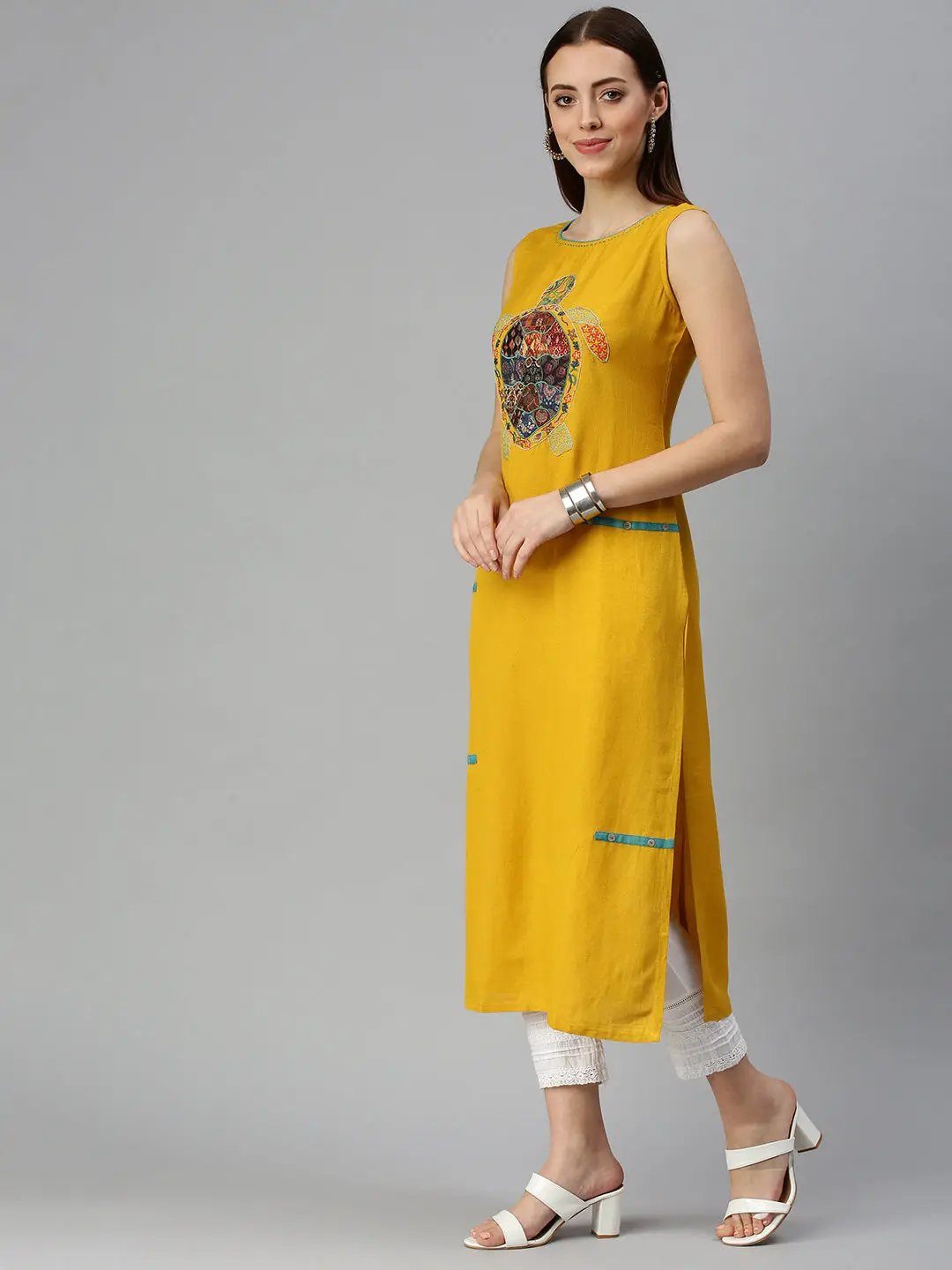 Women's Yoke Design Yellow Straight Kurta