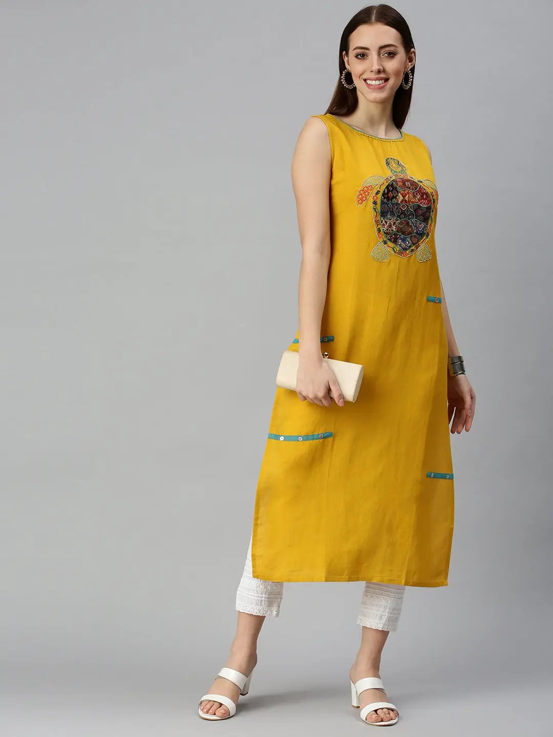 Women's Yoke Design Yellow Straight Kurta