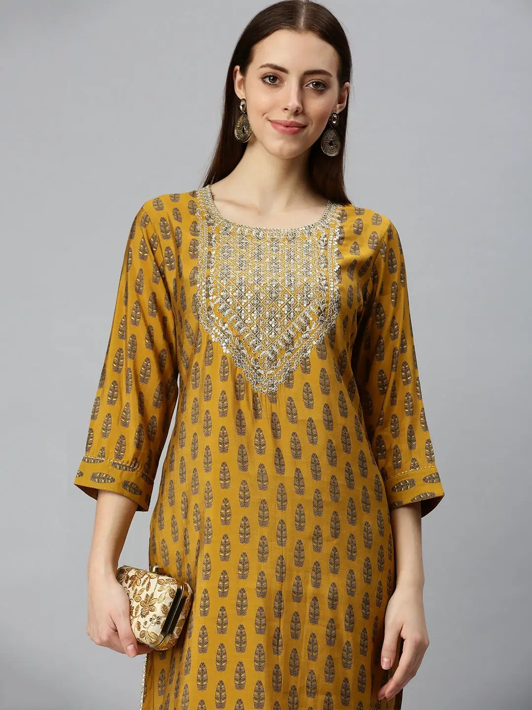 Women's Square Neck Printed Mustard Straight Kurta