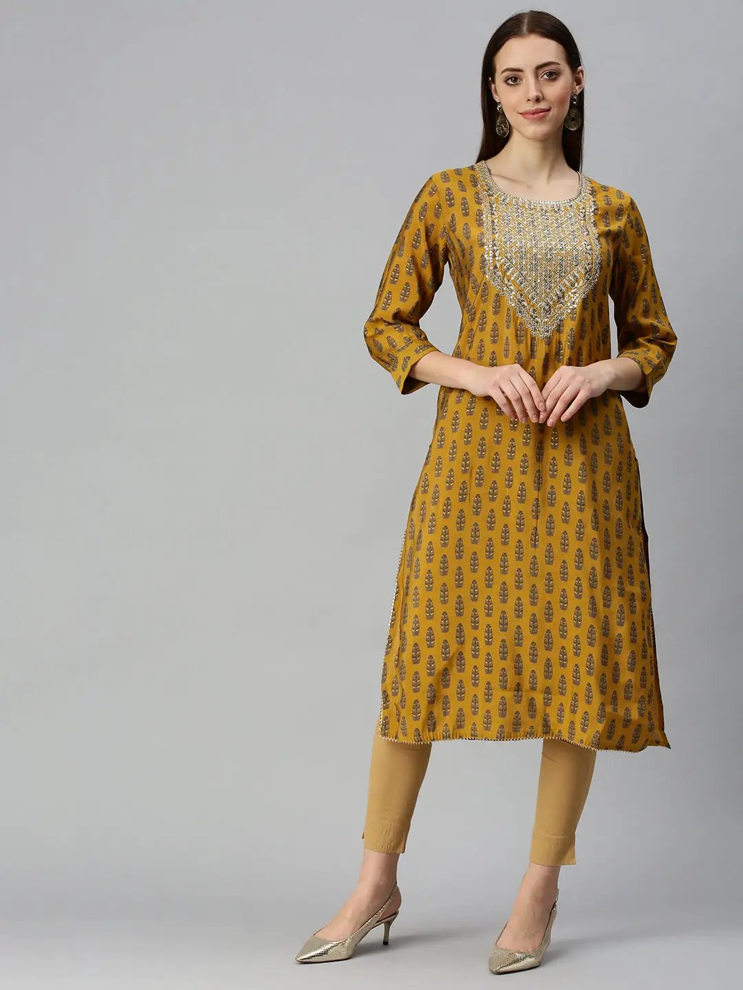 Women's Square Neck Printed Mustard Straight Kurta