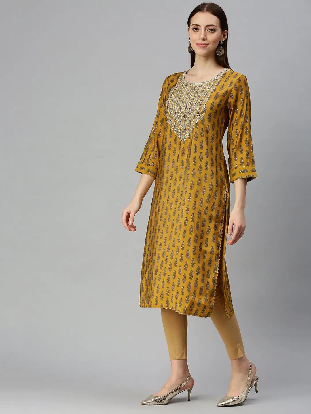 Women's Square Neck Printed Mustard Straight Kurta