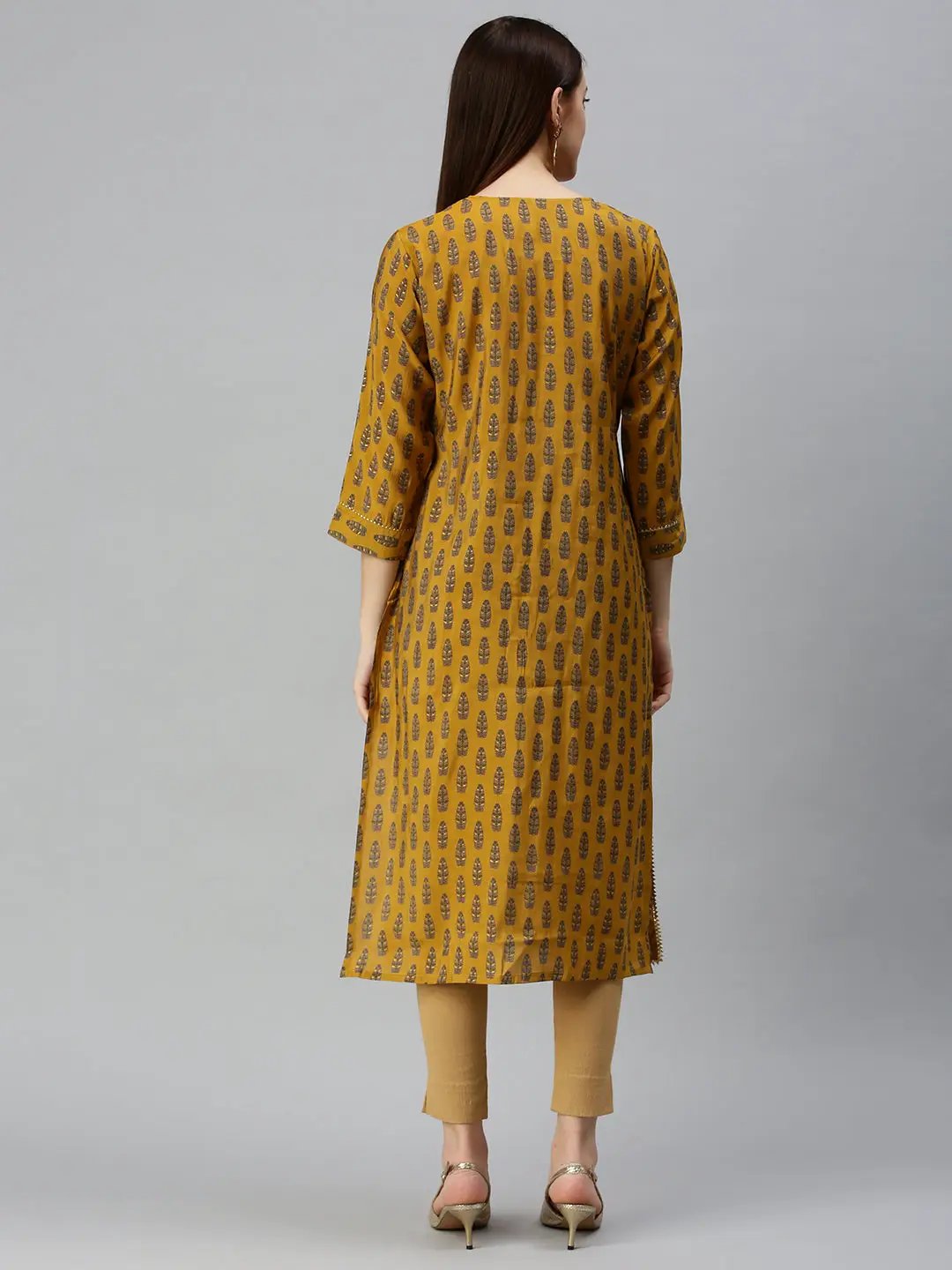 Women's Square Neck Printed Mustard Straight Kurta