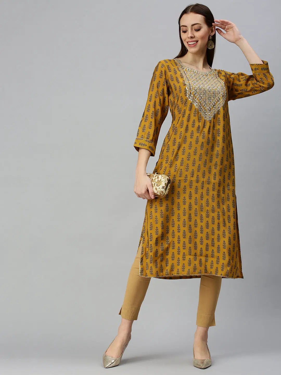 Women's Square Neck Printed Mustard Straight Kurta
