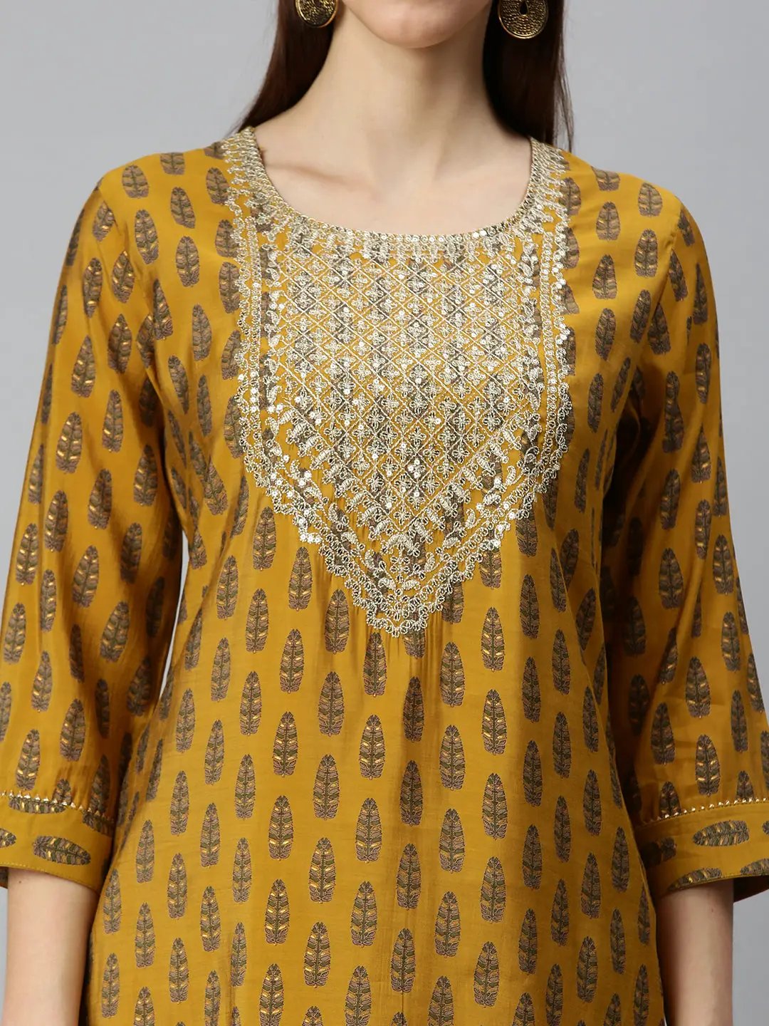 Women's Square Neck Printed Mustard Straight Kurta