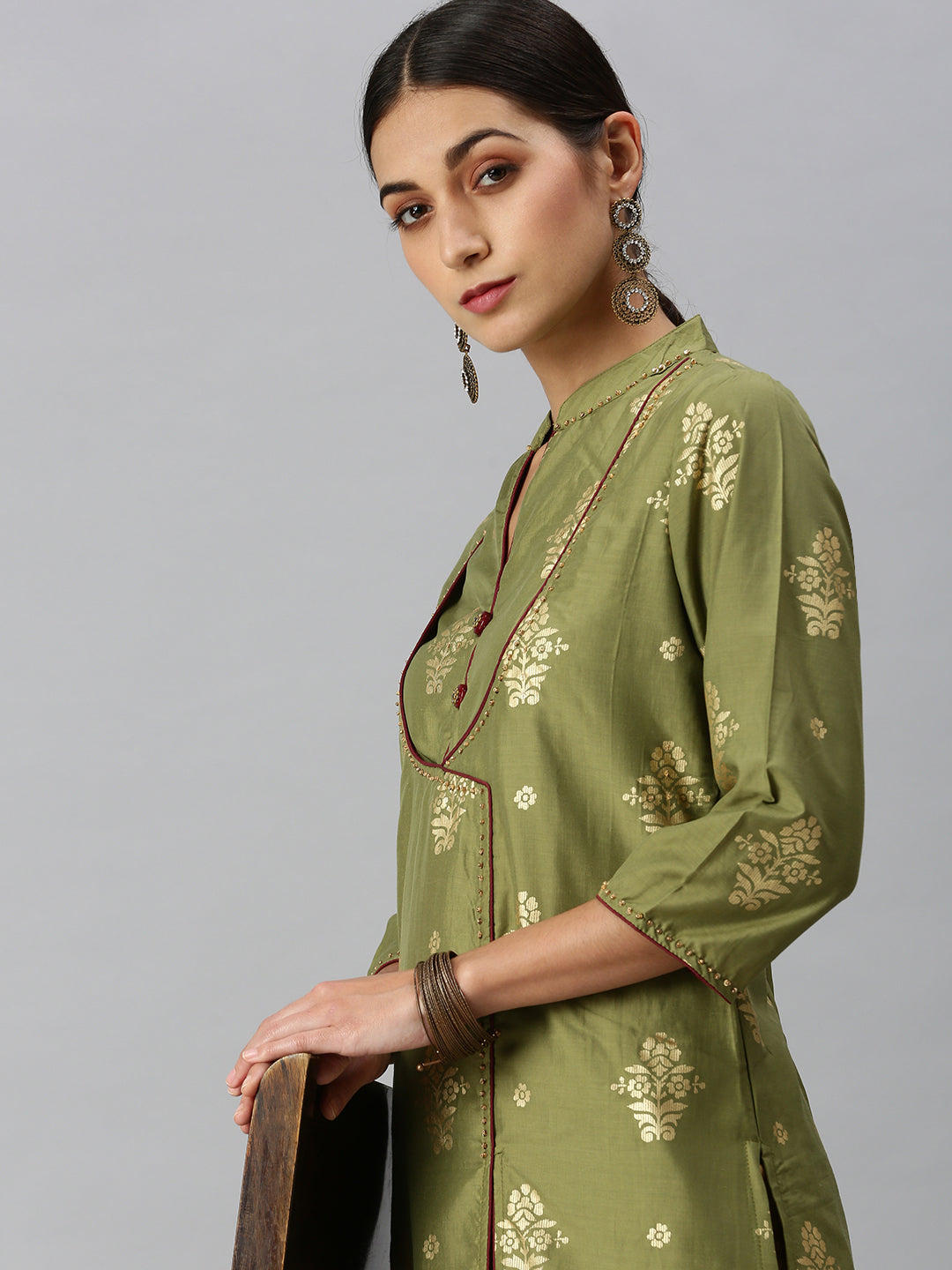 Women A-Line Olive Printed Kurta and Skirt