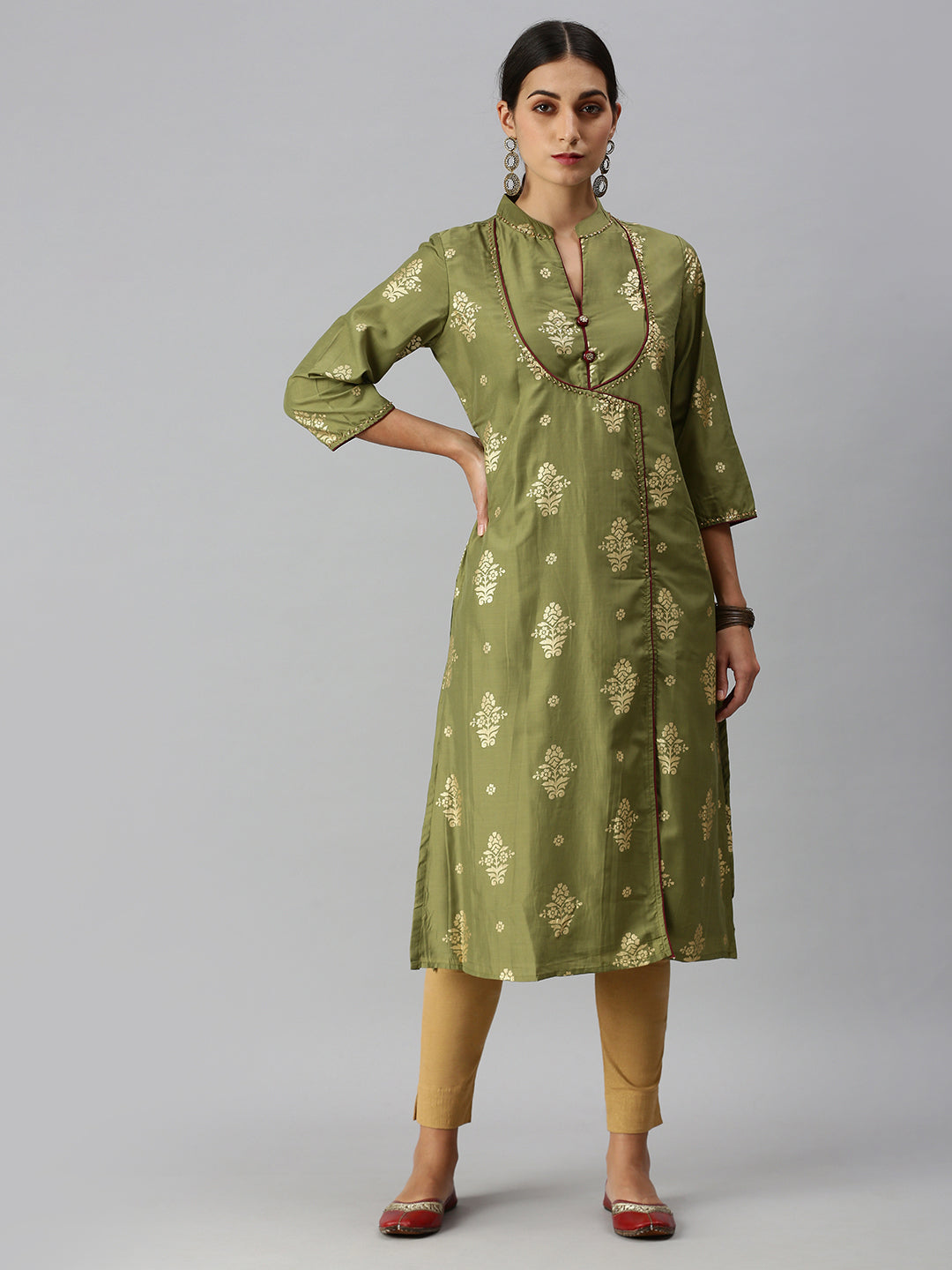 Women A-Line Olive Printed Kurta and Skirt