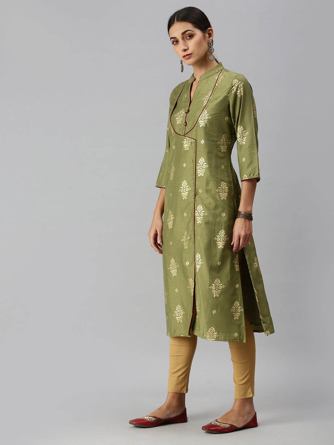 Women A-Line Olive Printed Kurta and Skirt