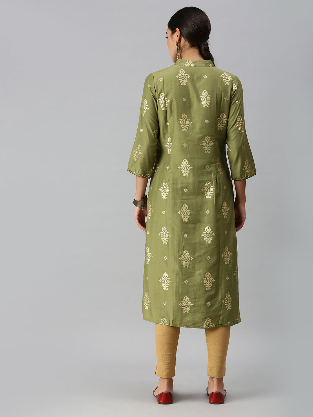 Women A-Line Olive Printed Kurta and Skirt