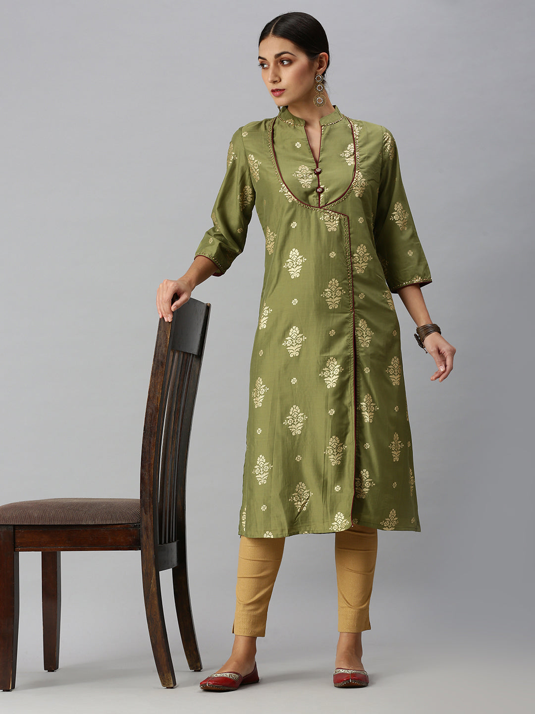 Women A-Line Olive Printed Kurta and Skirt