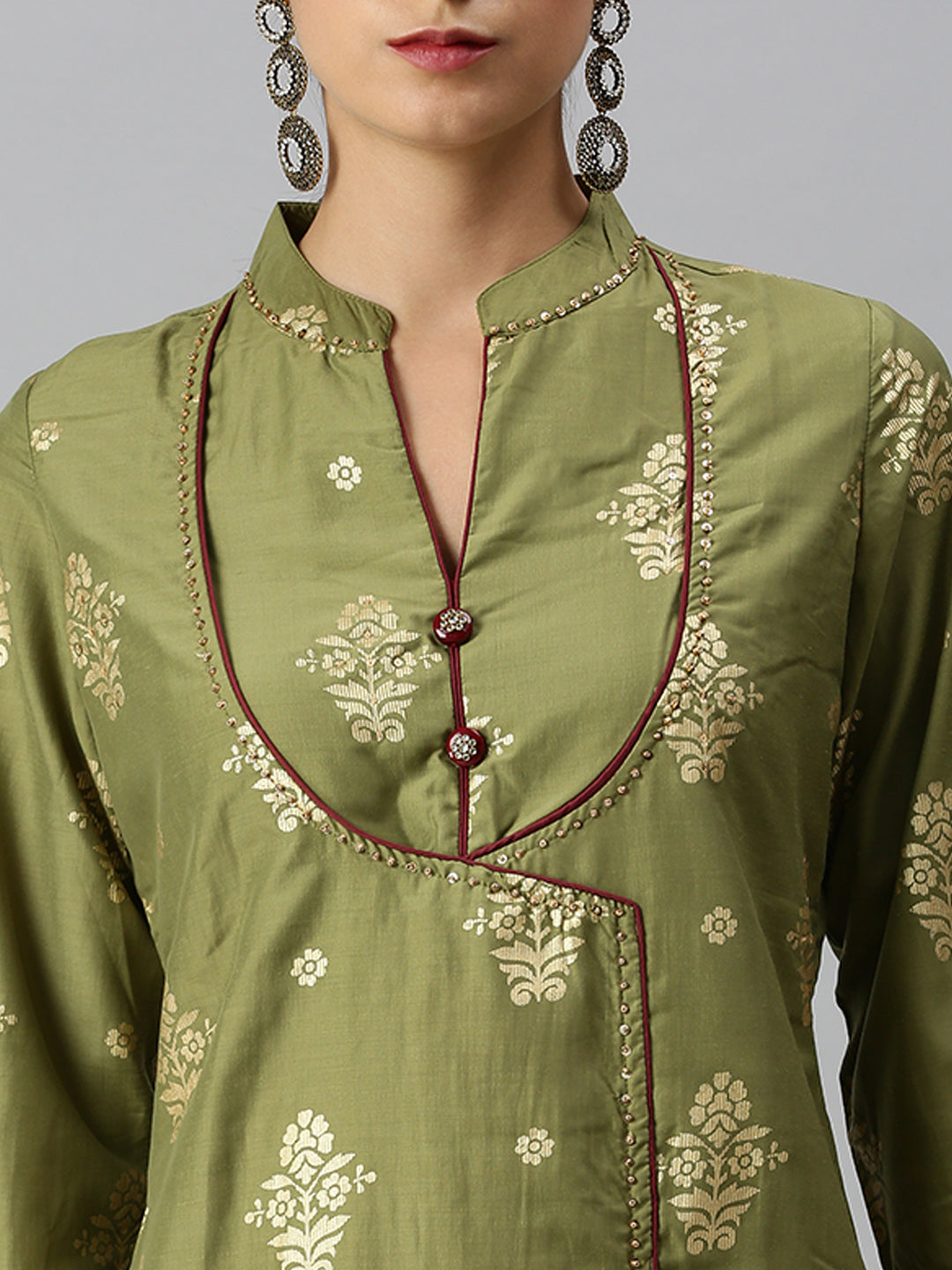 Women A-Line Olive Printed Kurta and Skirt