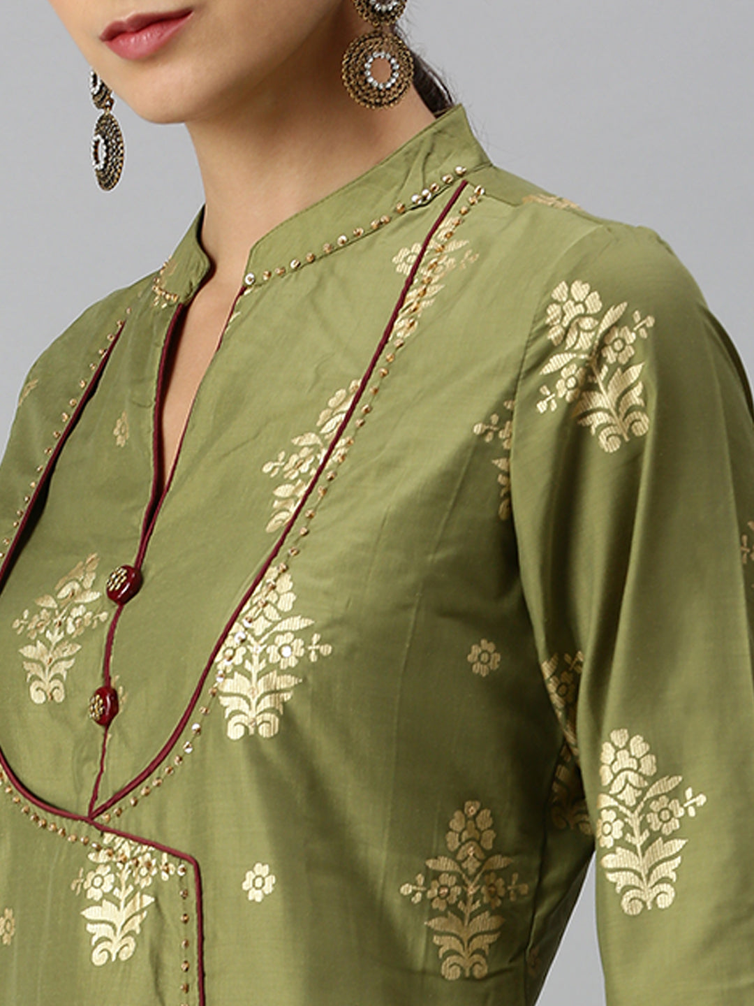 Women A-Line Olive Printed Kurta and Skirt