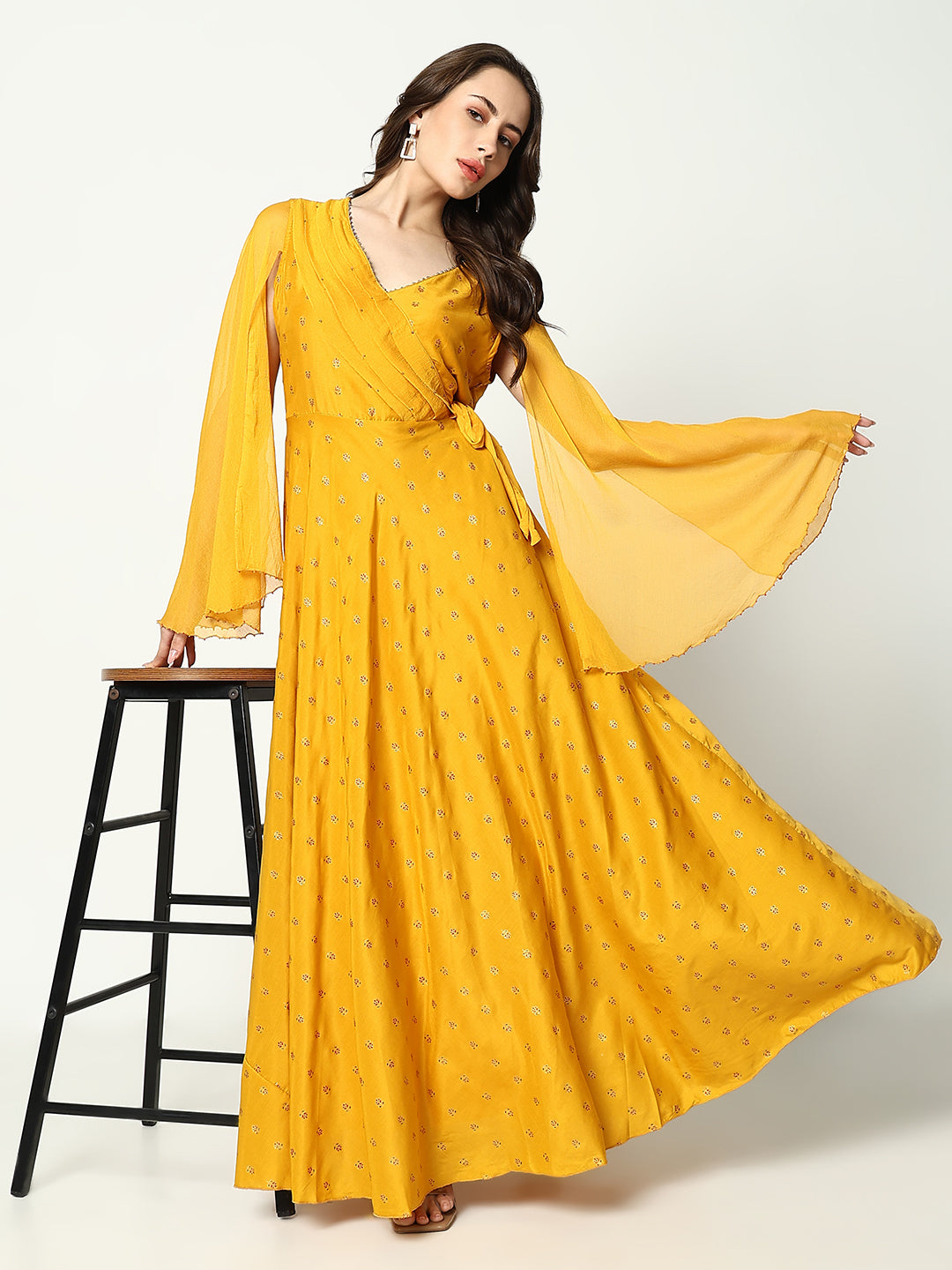 Women Anarkali Floral Yellow Kurta