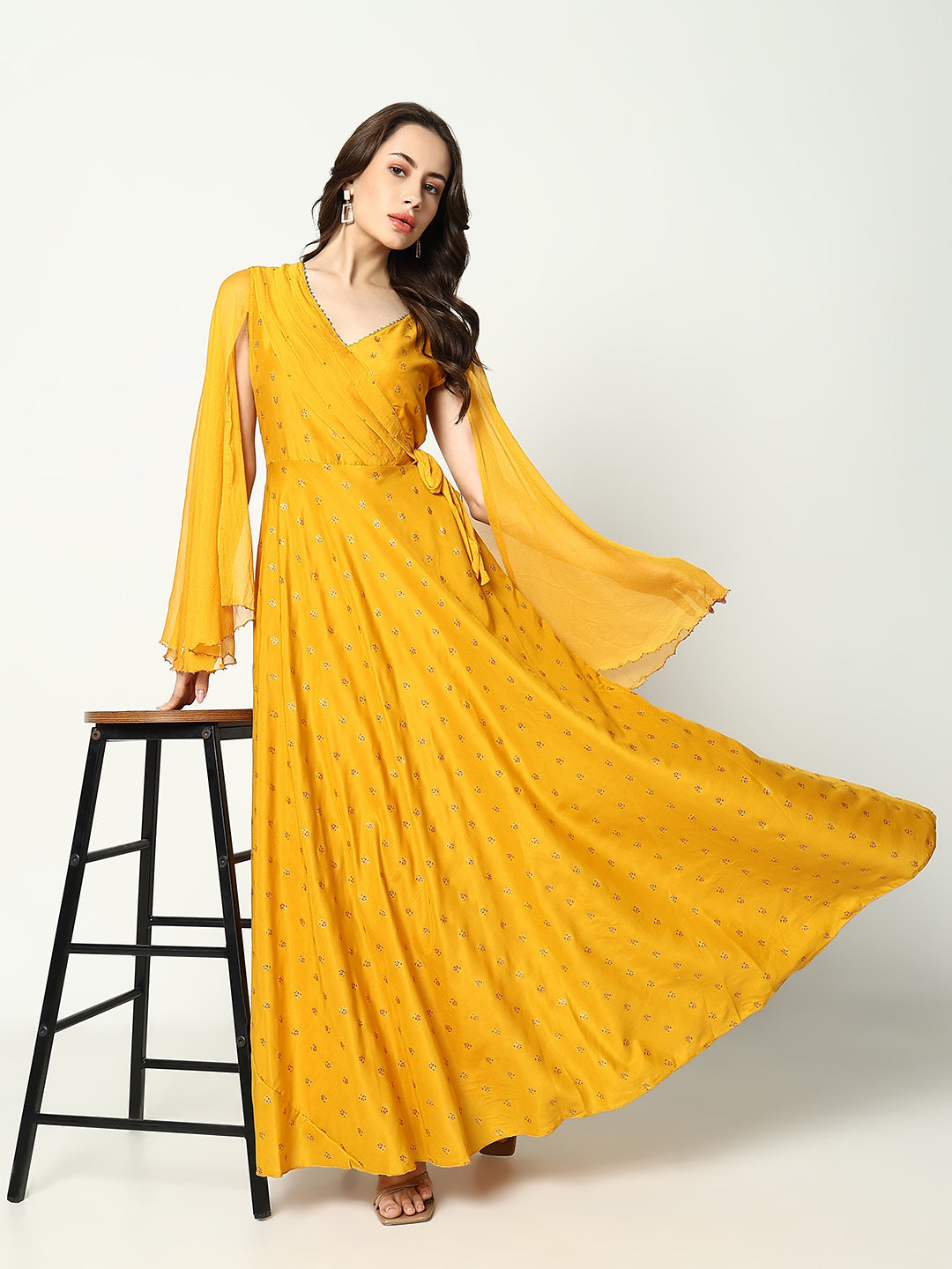 Women Anarkali Floral Yellow Kurta