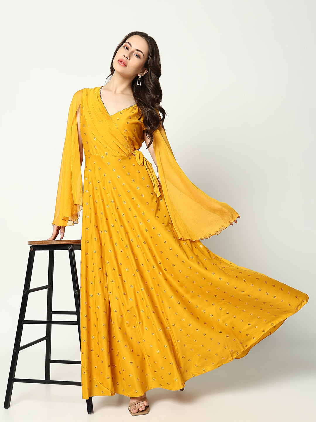 Women Anarkali Floral Yellow Kurta