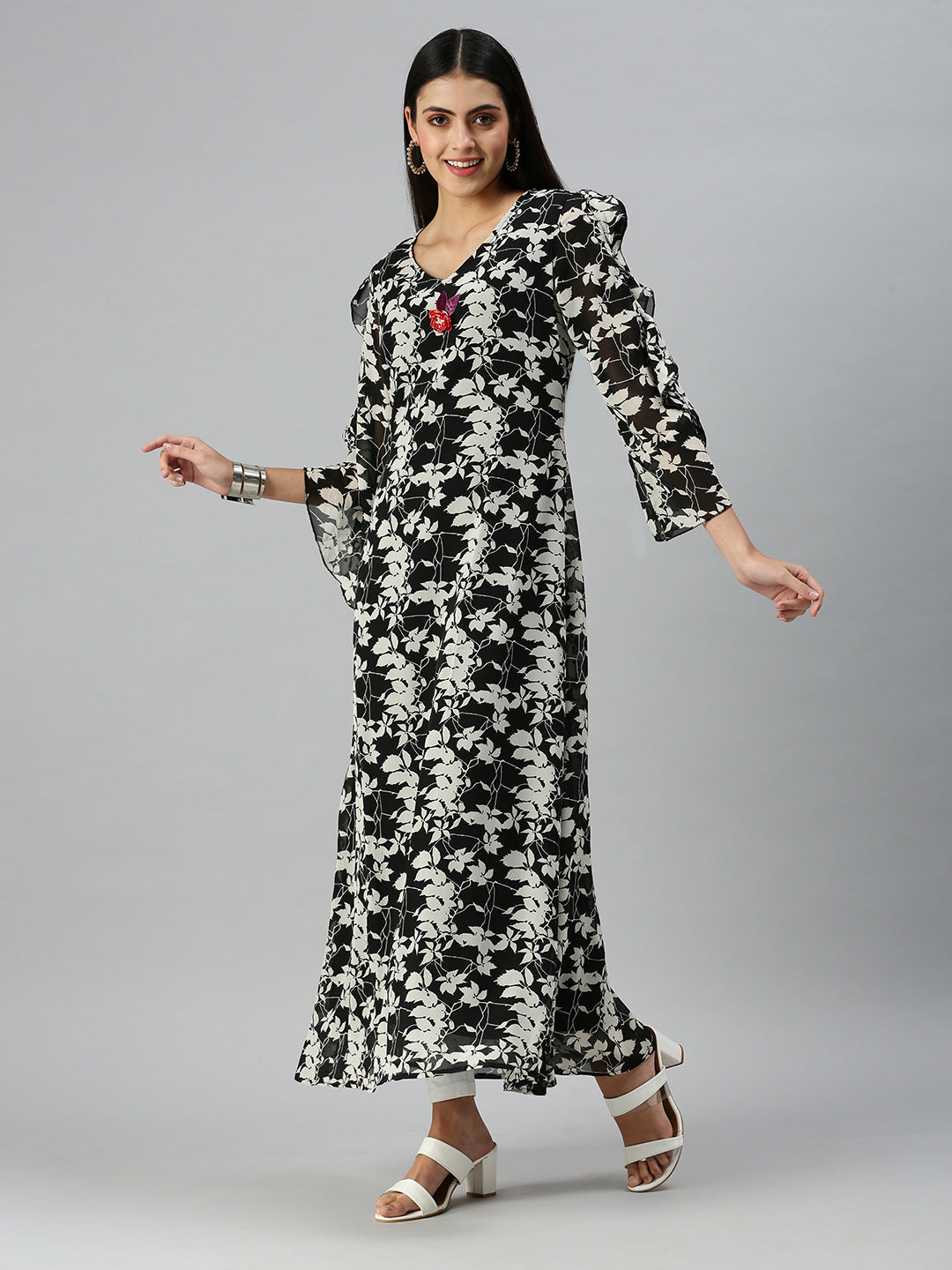 Women V-Neck Floral Black A-Line Kurta