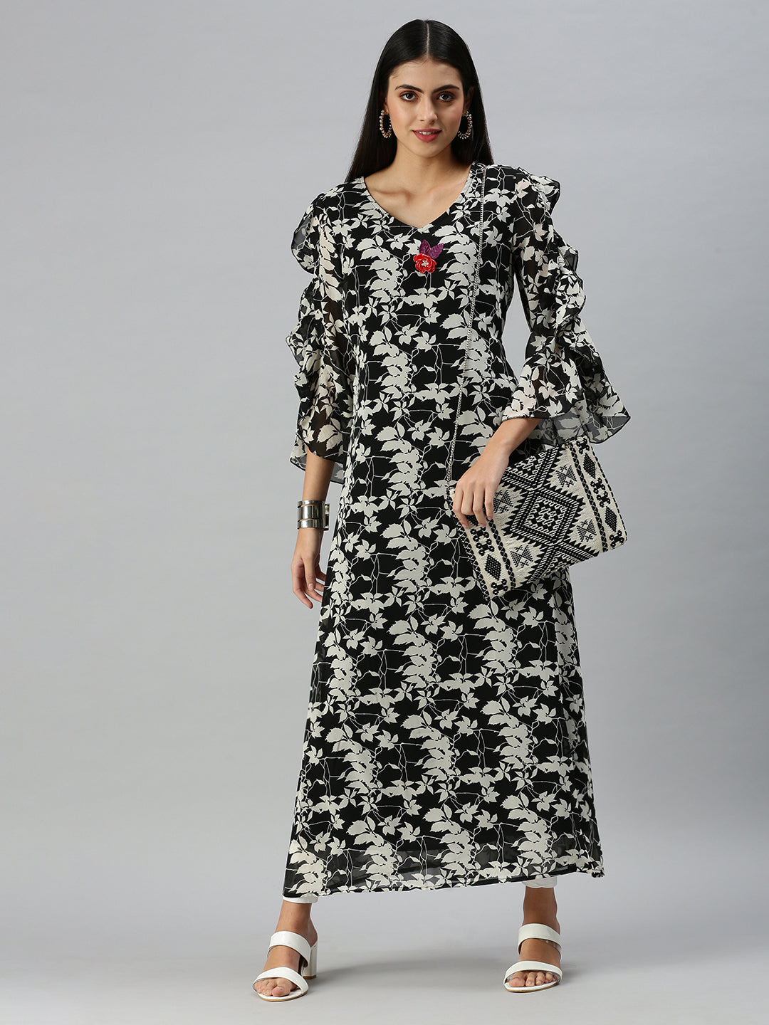 Women V-Neck Floral Black A-Line Kurta