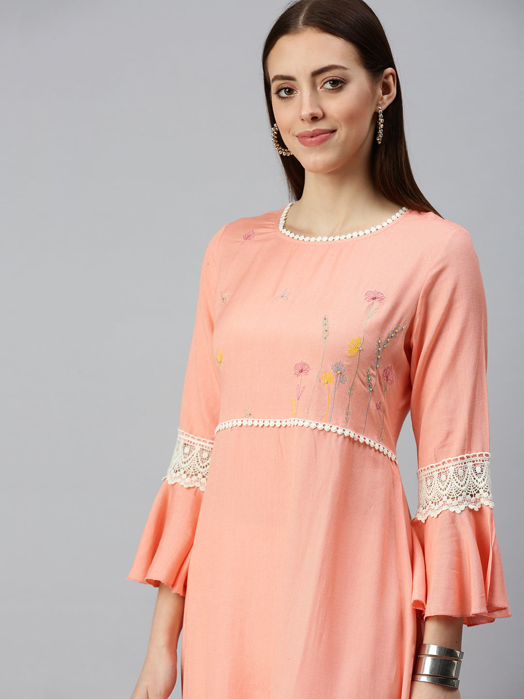 Women Yoke Design Peach A-Line Kurta