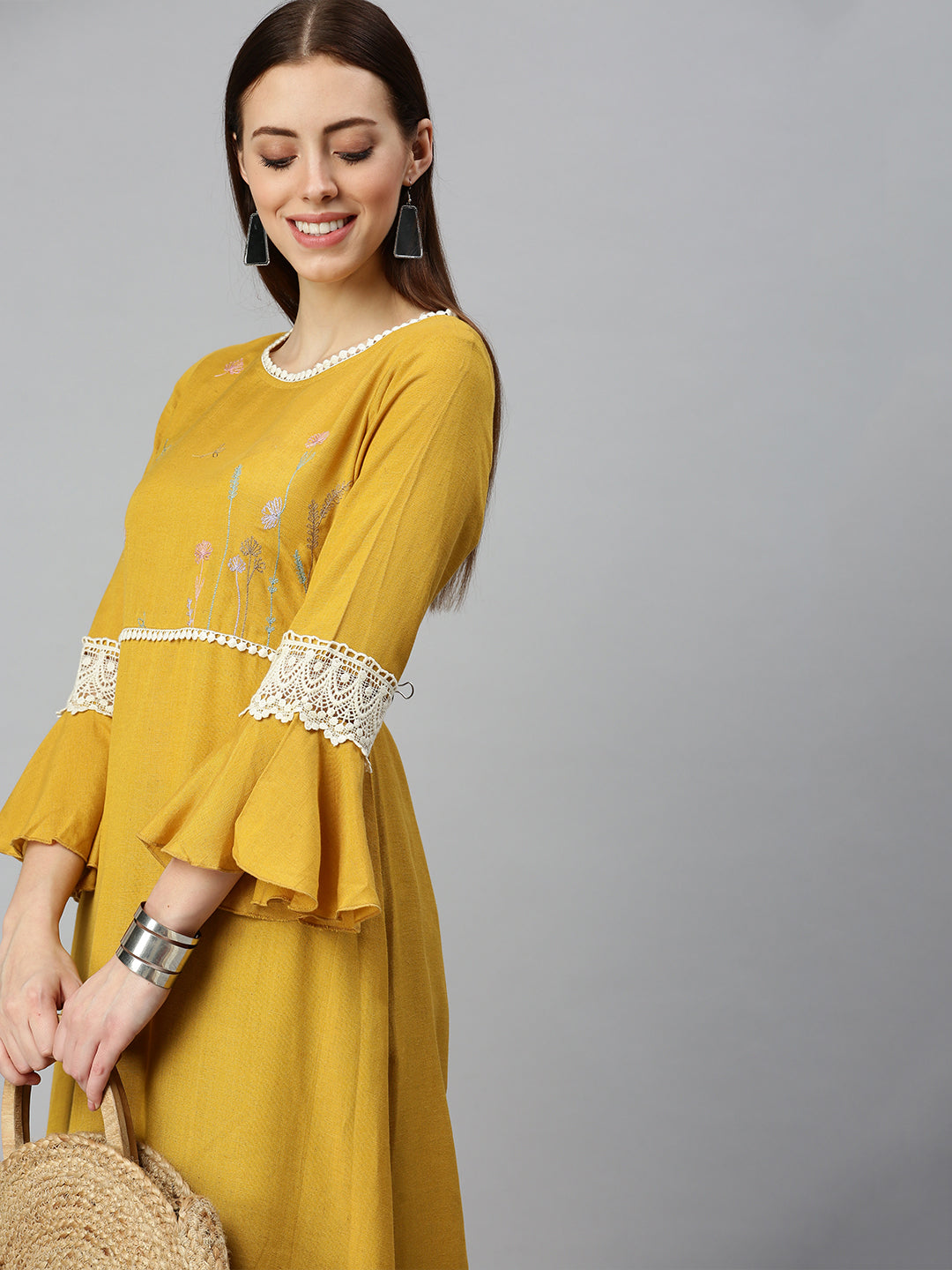 Women Yoke Design Mustard A-Line Kurta