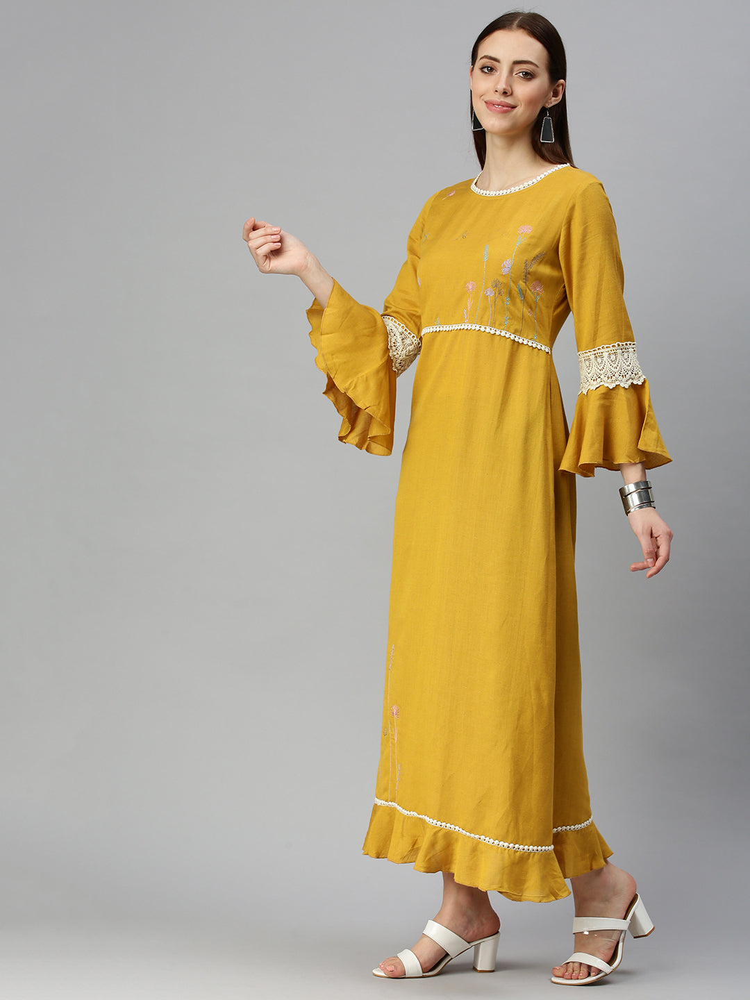 Women Yoke Design Mustard A-Line Kurta