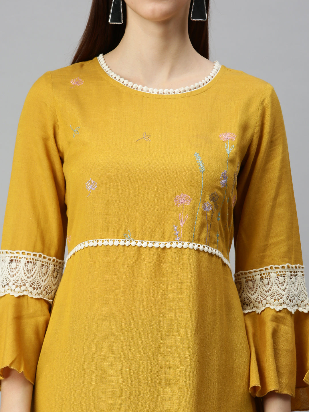 Women Yoke Design Mustard A-Line Kurta