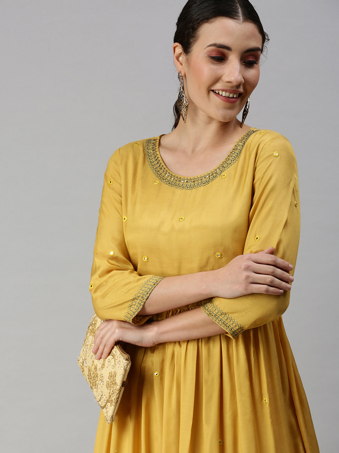 Women Solid Yellow Anarkali Kurta