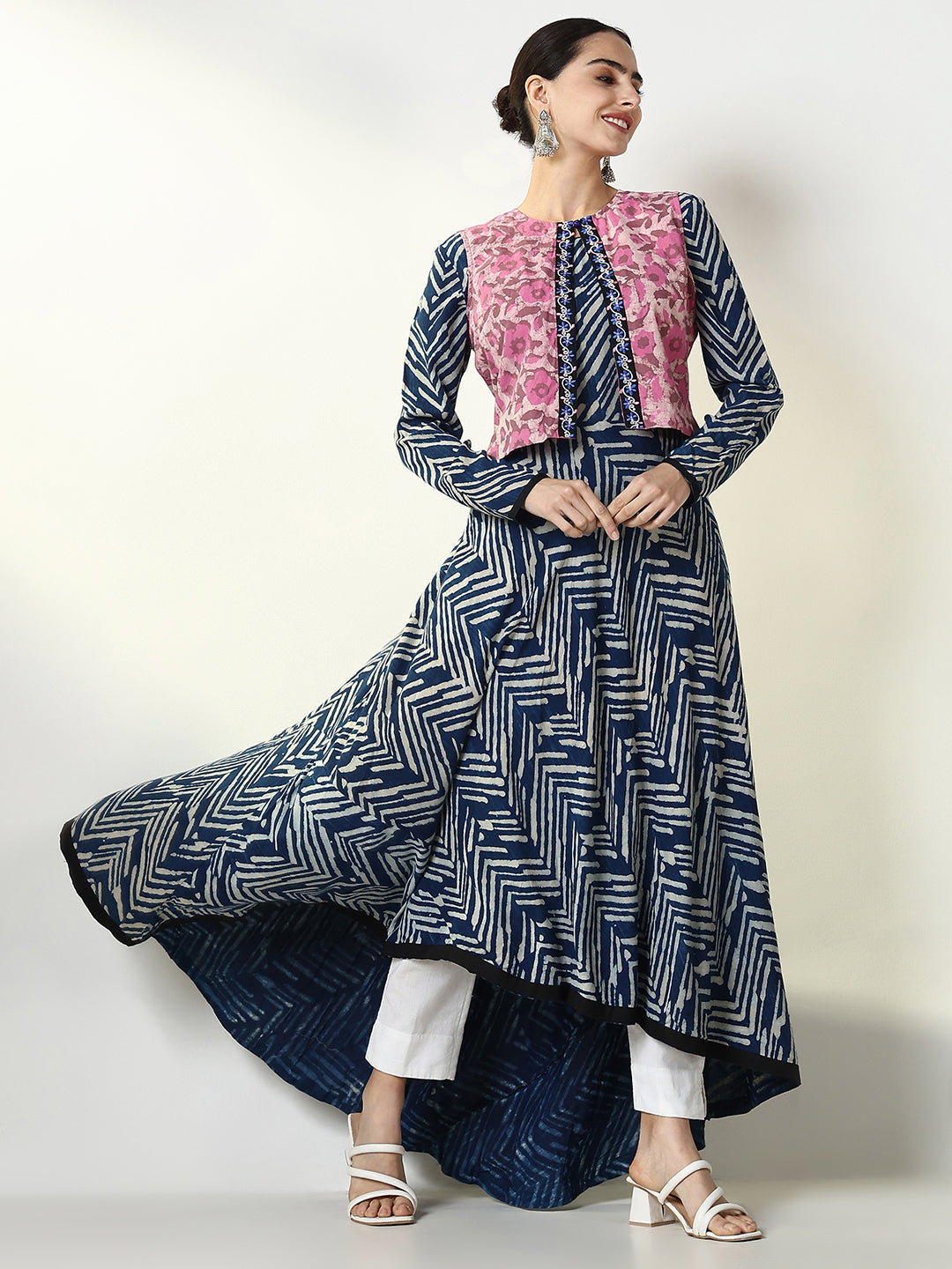 Women Blue Abstract Anarkali Kurta with Overcoat