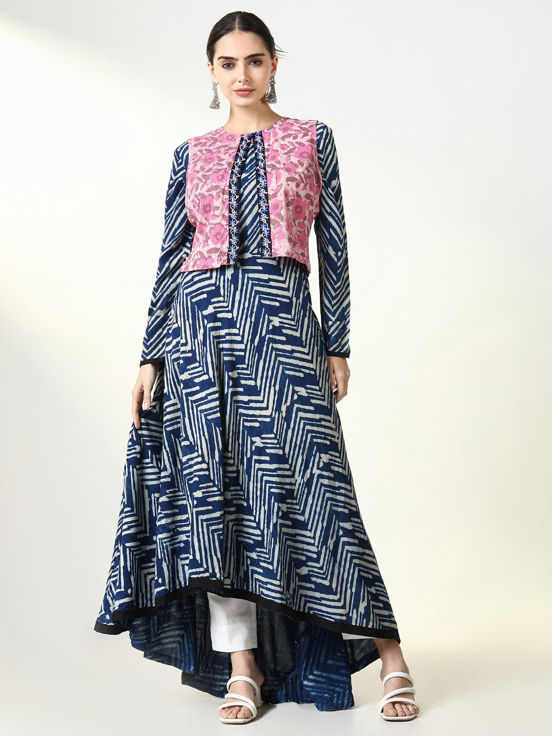 Women Blue Abstract Anarkali Kurta with Overcoat