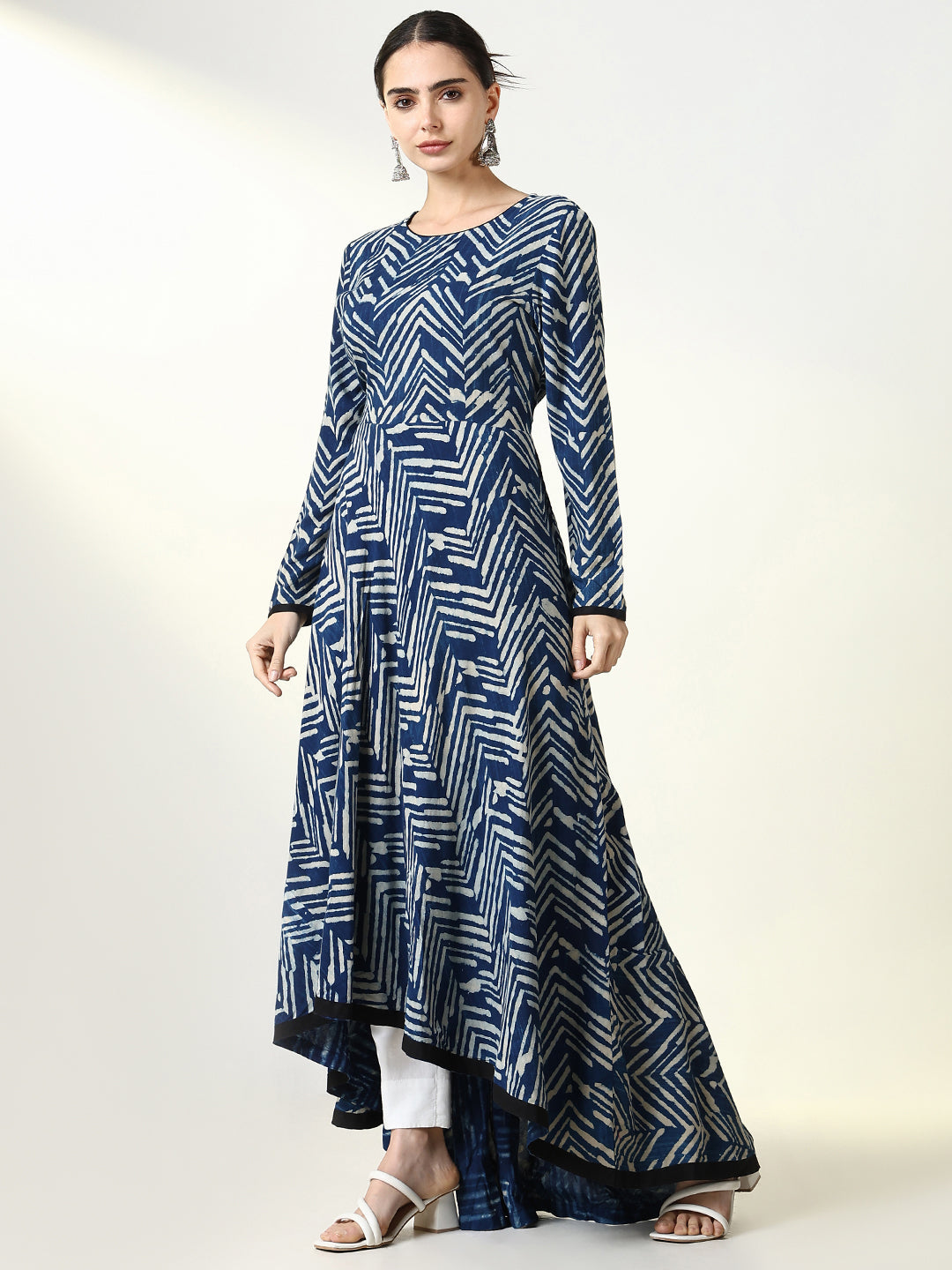 Women Blue Abstract Anarkali Kurta with Overcoat