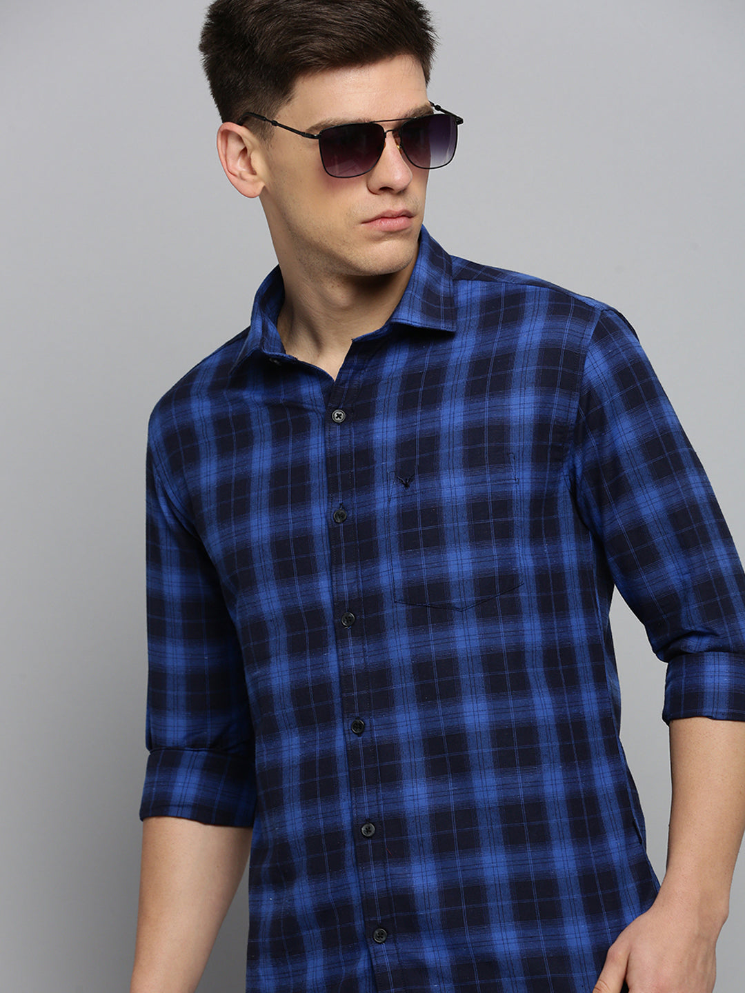 Men Spread Collar Checked Navy Blue Shirt