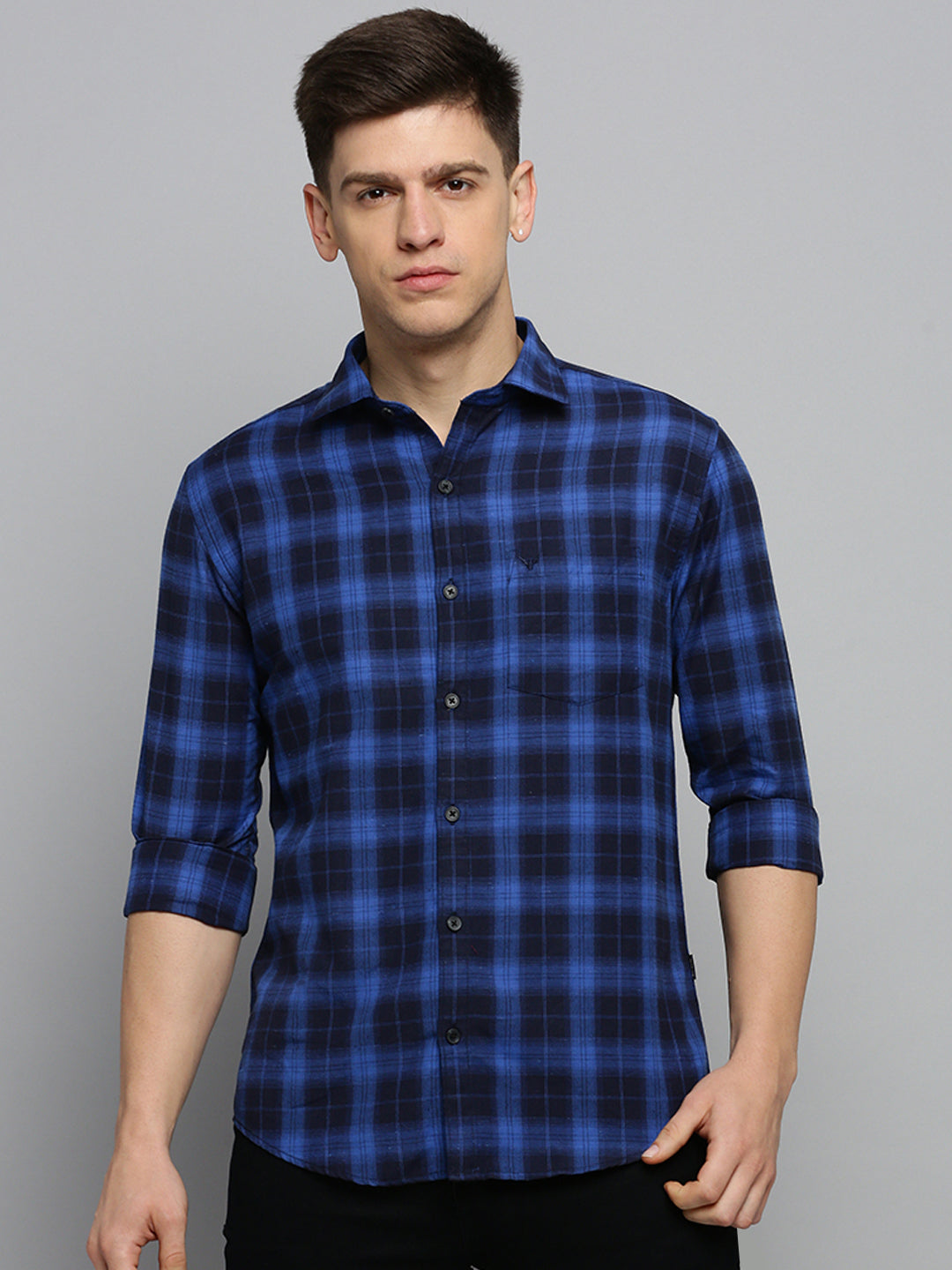 Men Spread Collar Checked Navy Blue Shirt