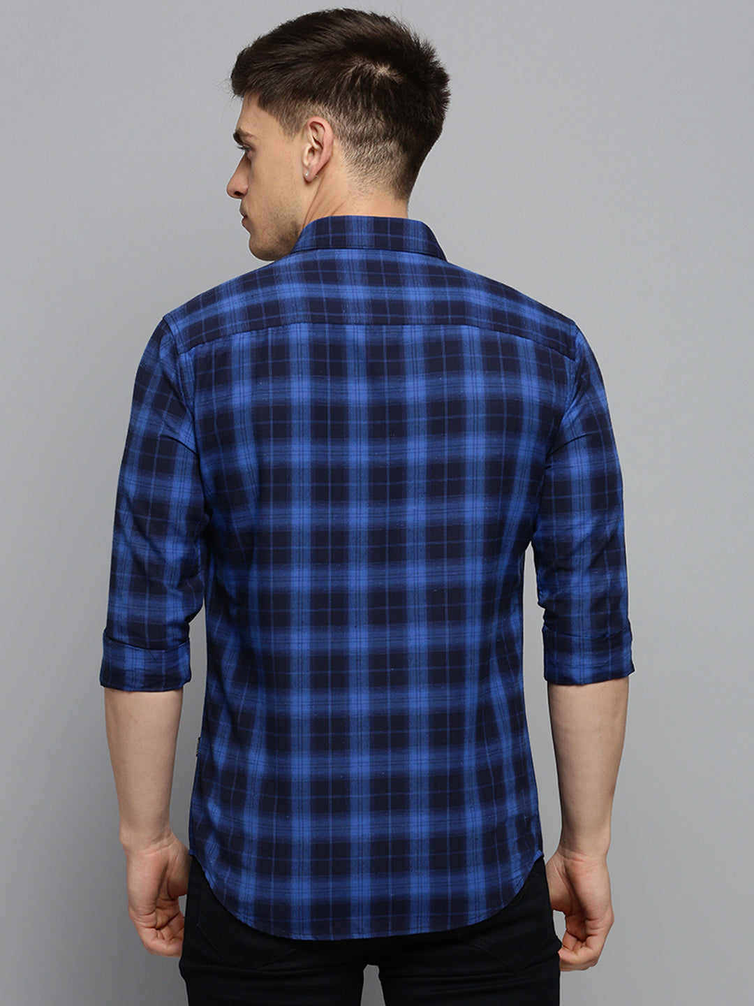 Men Spread Collar Checked Navy Blue Shirt