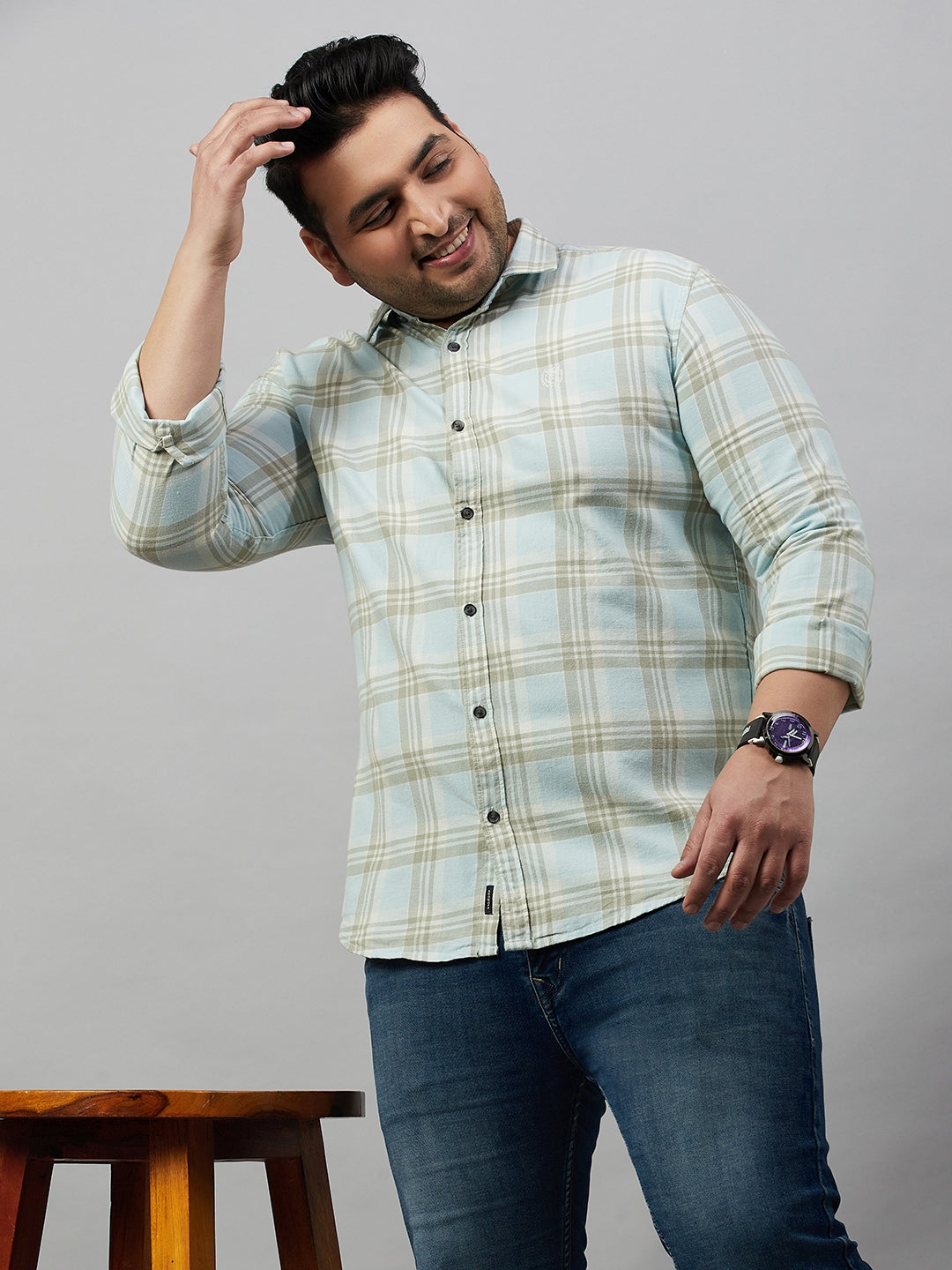 Men Spread Collar Checked Blue Shirt