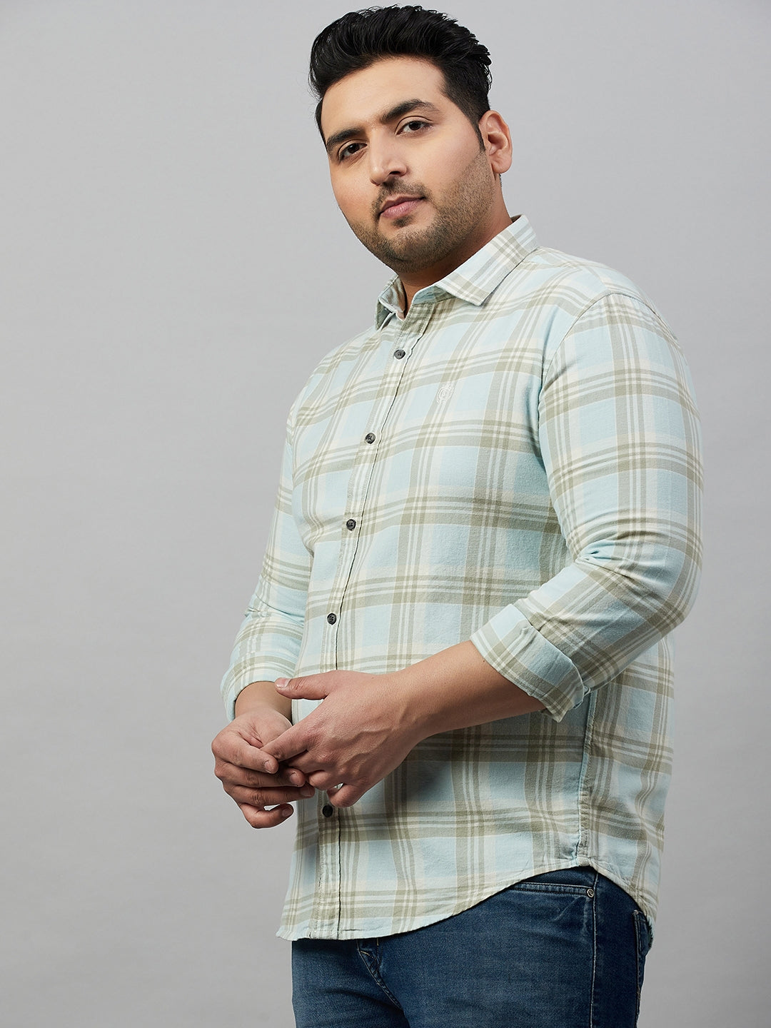 Men Spread Collar Checked Blue Shirt