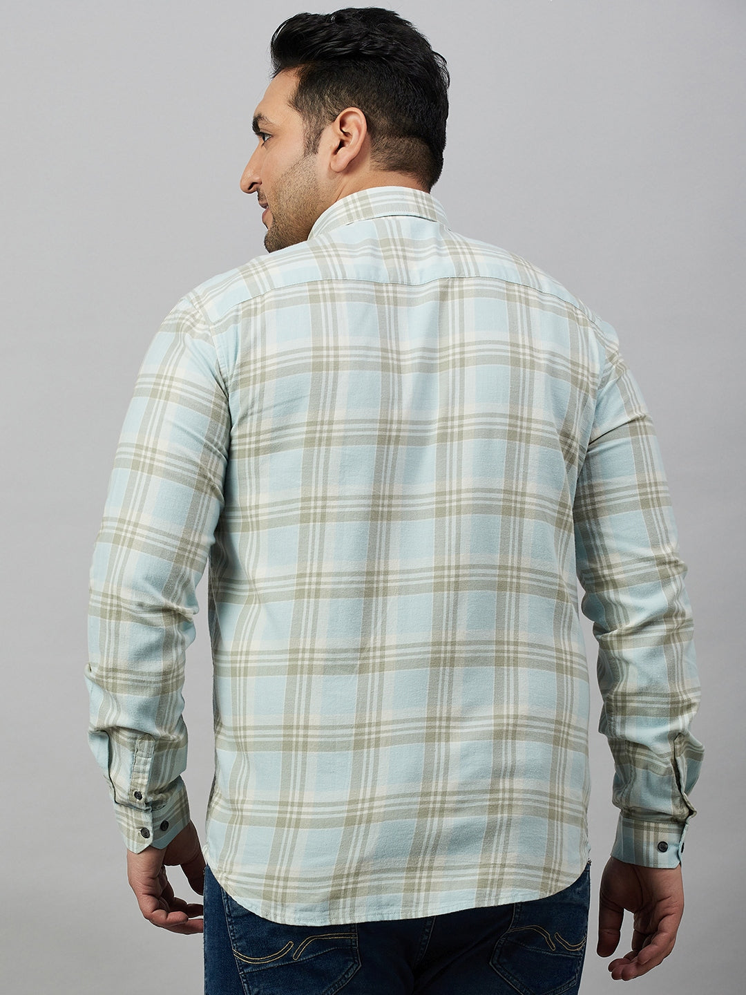 Men Spread Collar Checked Blue Shirt