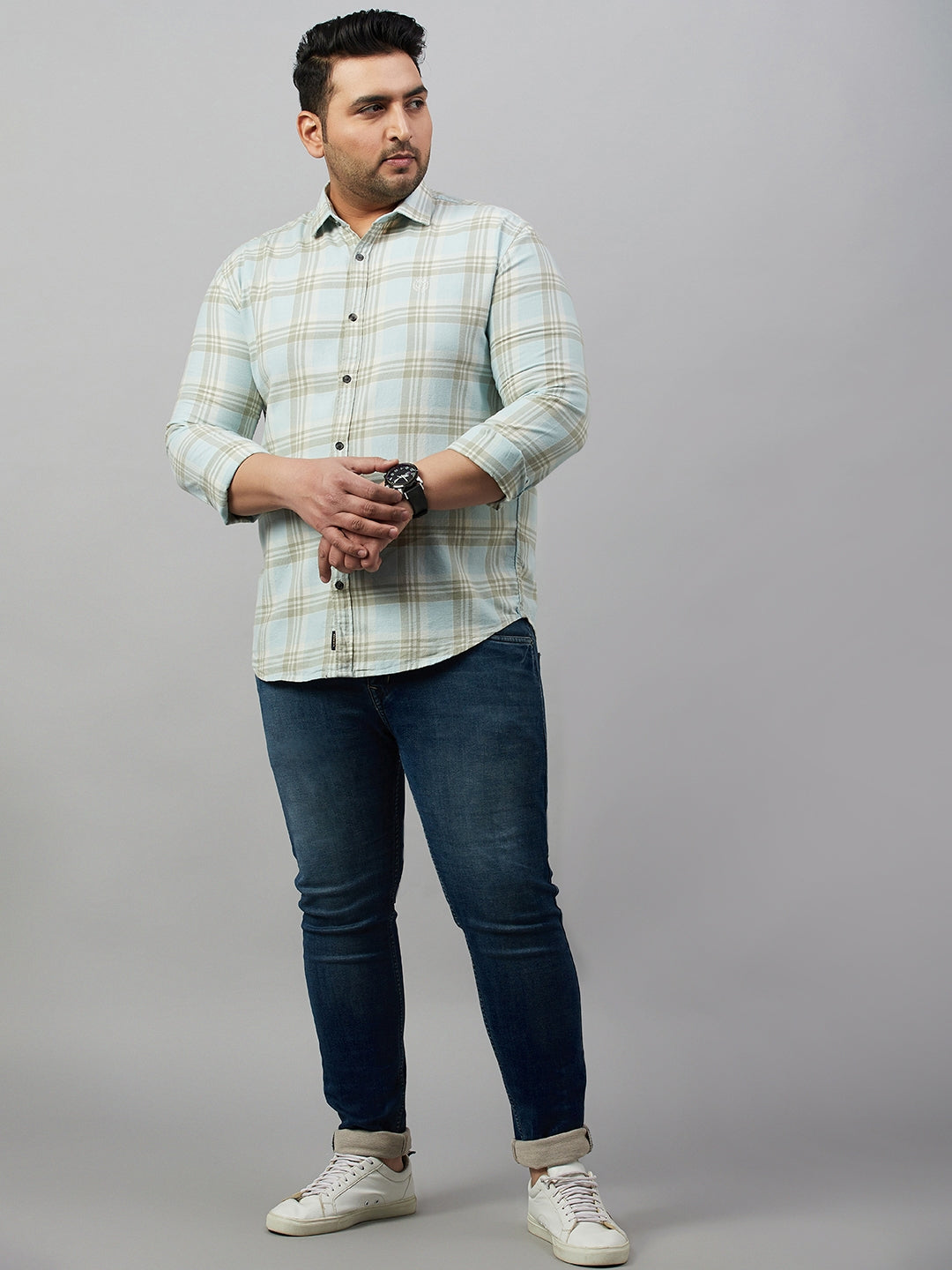 Men Spread Collar Checked Blue Shirt