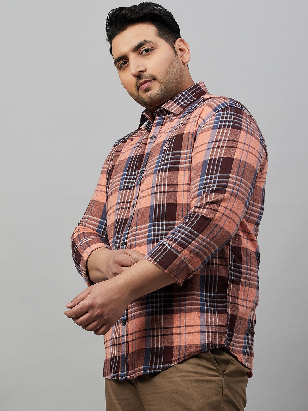 Men Checked Peach Comfort Shirt