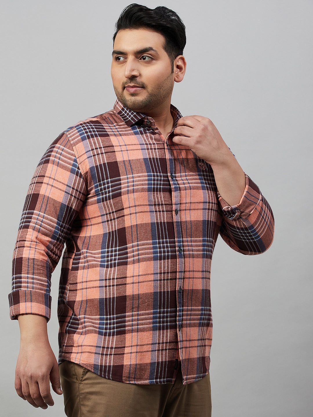 Men Checked Peach Comfort Shirt