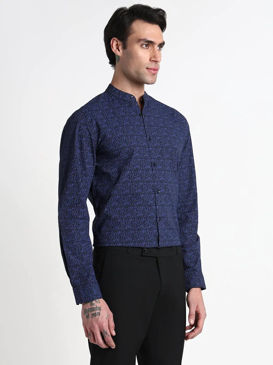 Men's Blue Mandarin Collar Abstract Slim Fit Formal Shirt - from SHOWOFFFF