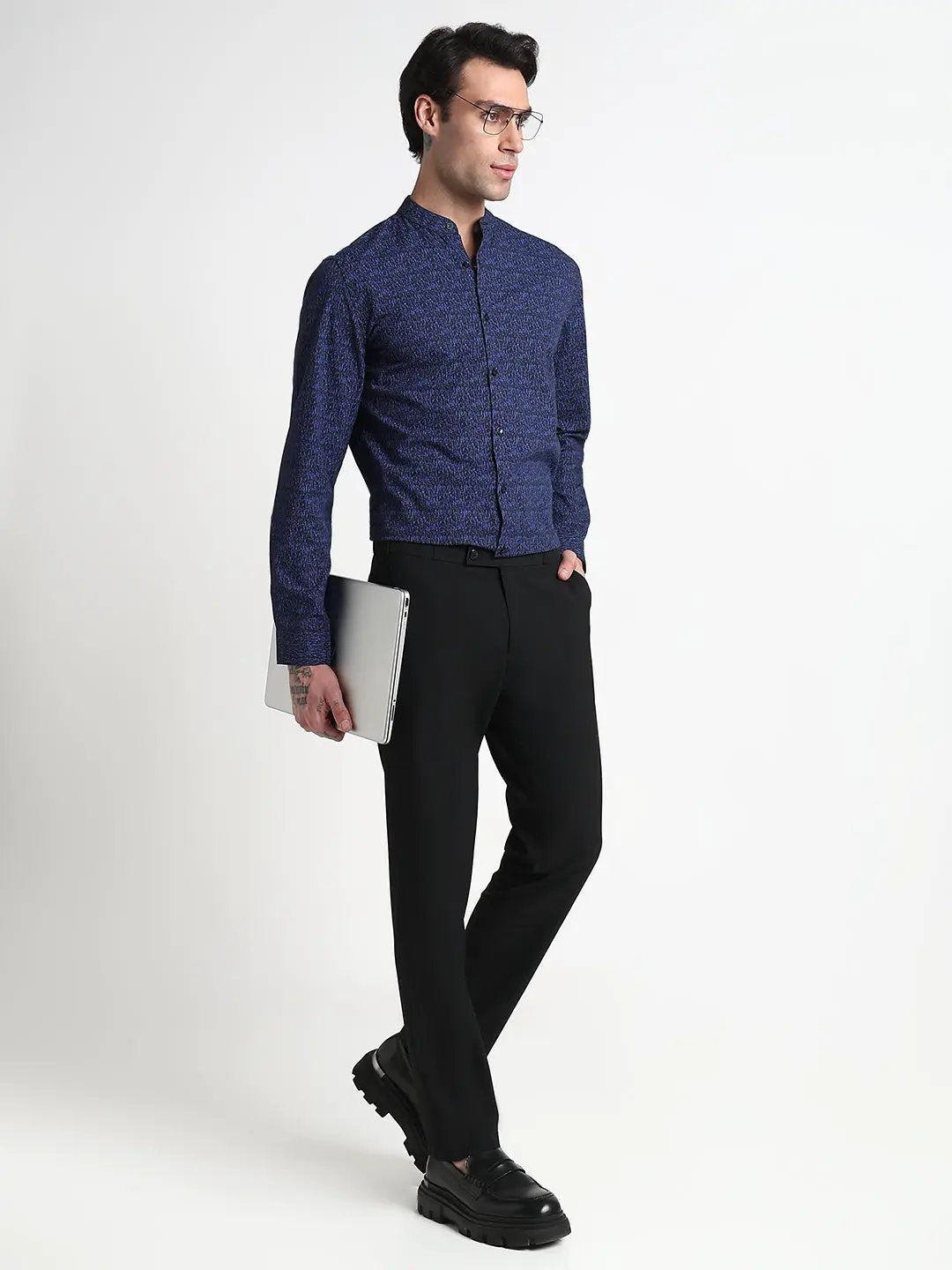 Men's Blue Mandarin Collar Abstract Slim Fit Formal Shirt - from SHOWOFFFF