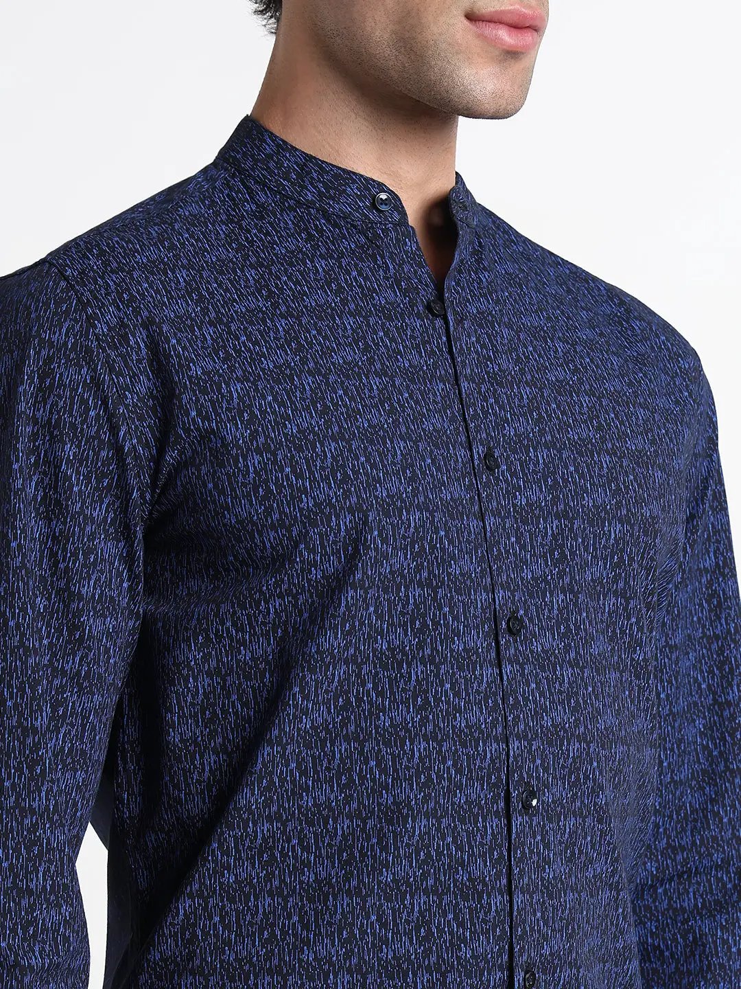 Men's Blue Mandarin Collar Abstract Slim Fit Formal Shirt - from SHOWOFFFF