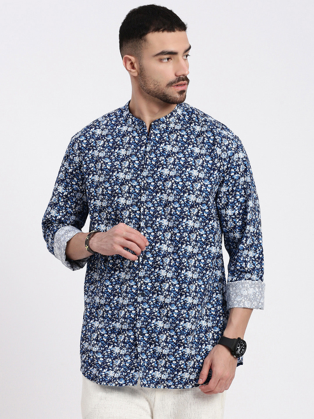 Men Navy Blue Printed Slim Fit Shirt