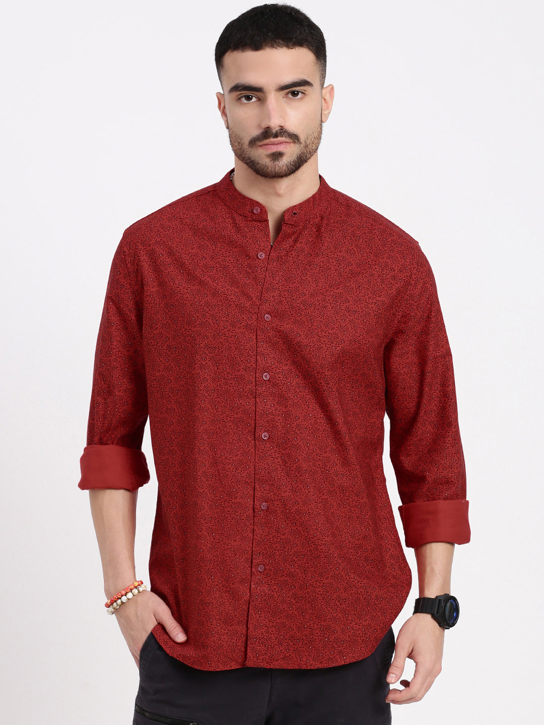 Men Red Printed Slim Fit Shirt