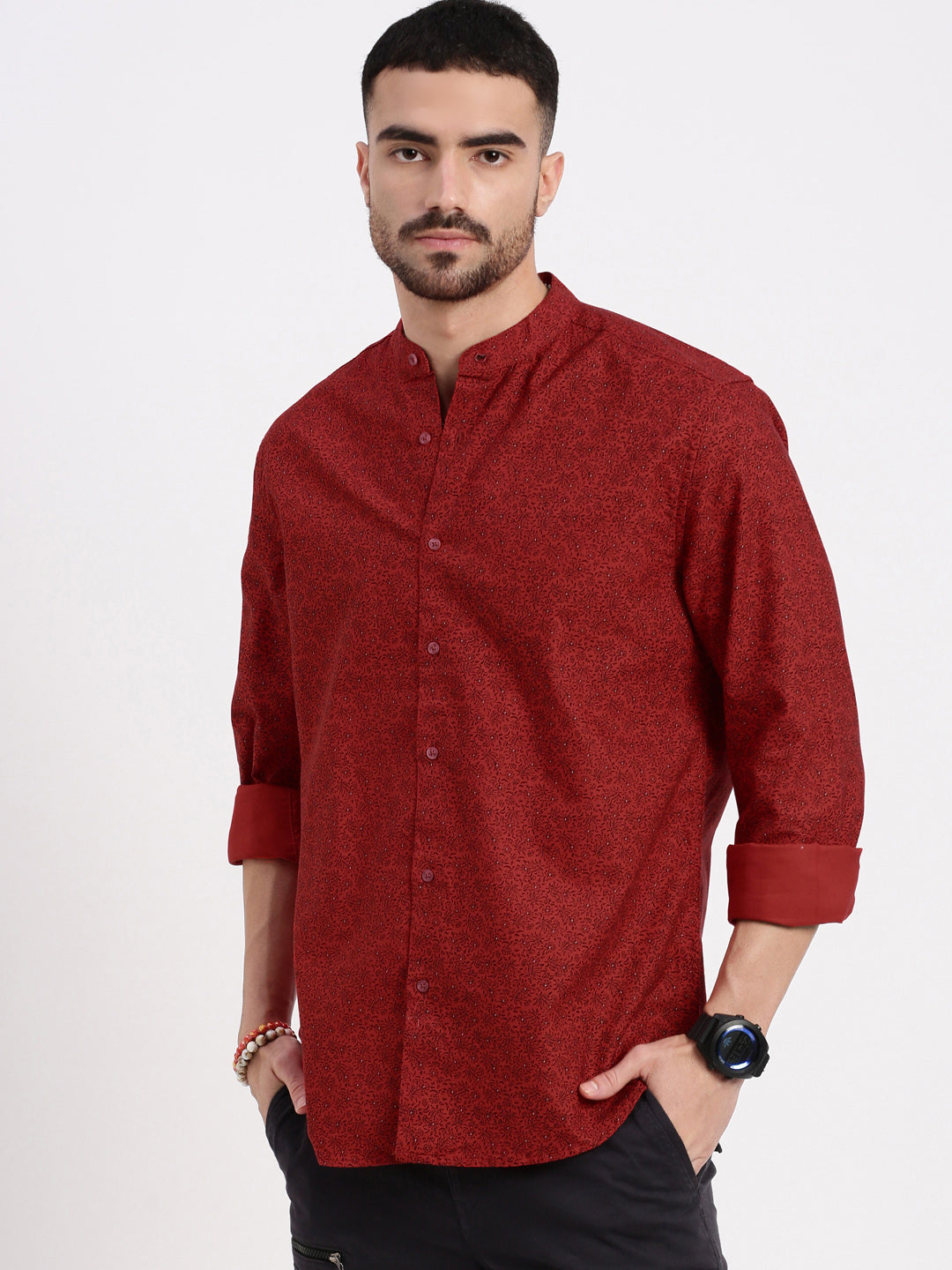 Men Red Printed Slim Fit Shirt